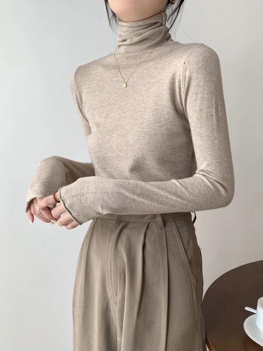 Autumn Winter Turtleneck Sweater For Women Slim Fit Basic Pullover Fashion Korean Knit Top With Puff Sleeves Stretch