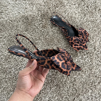 Big Ribbon Design Leopard Print Flat Slippers For Summer