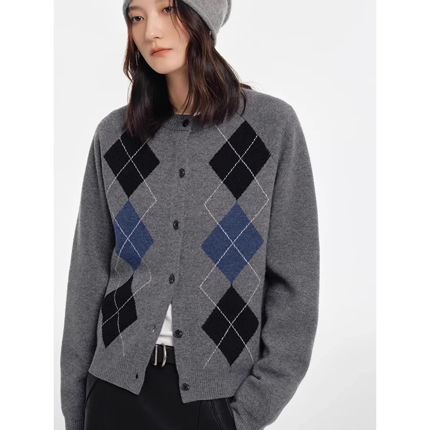 Diamond Square Slice Patterned Elegant Autumn Cardigan