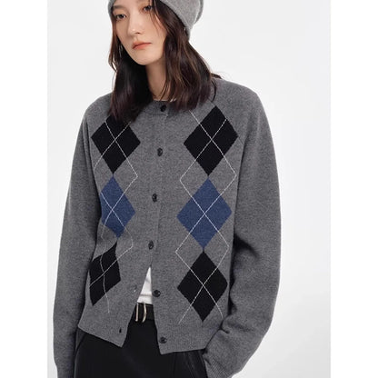 Diamond Square Slice Patterned Elegant Autumn Cardigan