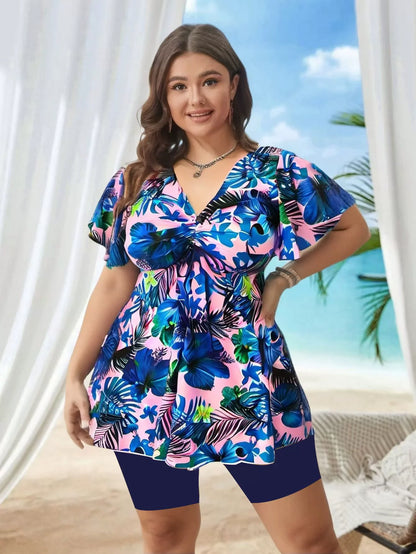 2025 Plus Size Printed Long Sleeve Swimwear For Women Deep V One Piece Swimsuit Beach Bodysuit