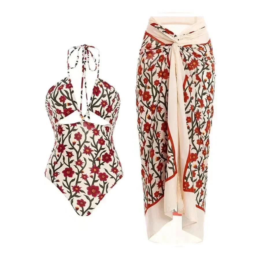 Vintage Floral Cut-Out Halter One Piece Swimsuit Aesthetic