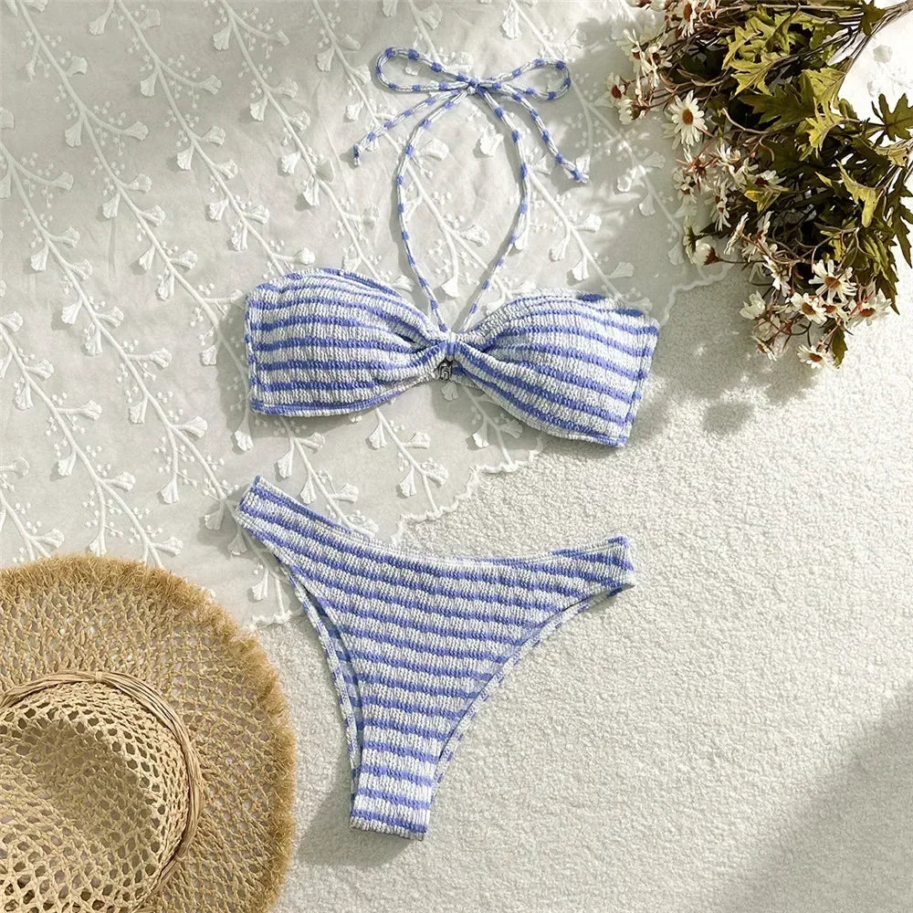 2025 Striped Ruffle Bikini Set High Waist Two Piece Swimwear For Women Bandeau Bathing Suit