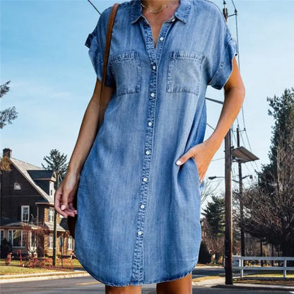 Women Summer Style Distressed Button Down Denim Shirt Dresses