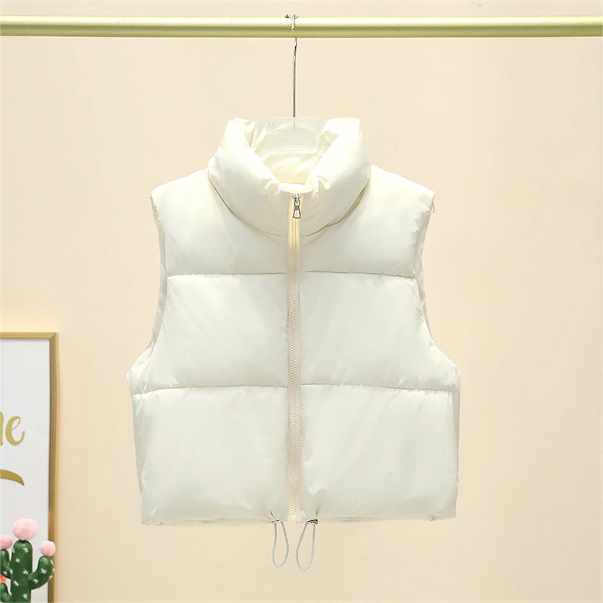 Fall Winter Womens Fashion Cropped Vest Coat Black Stand Collar Zipper Waistcoat Stylish Casual Outerwear For Ladies
