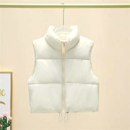 Fall Winter Womens Fashion Cropped Vest Coat Black Stand Collar Zipper Waistcoat Stylish Casual Outerwear For Ladies