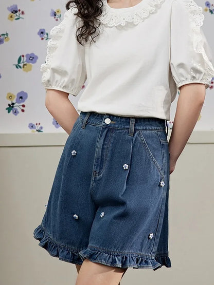 Coquette Aesthetic: Beaded Floral Ruffle Denim Shorts