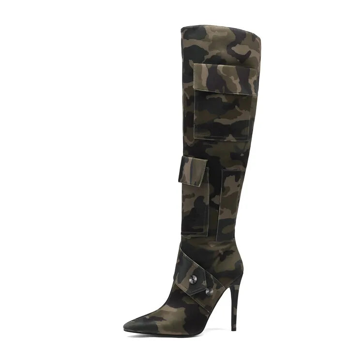 Designer Camouflage Themed Knee Length High Heel Boots