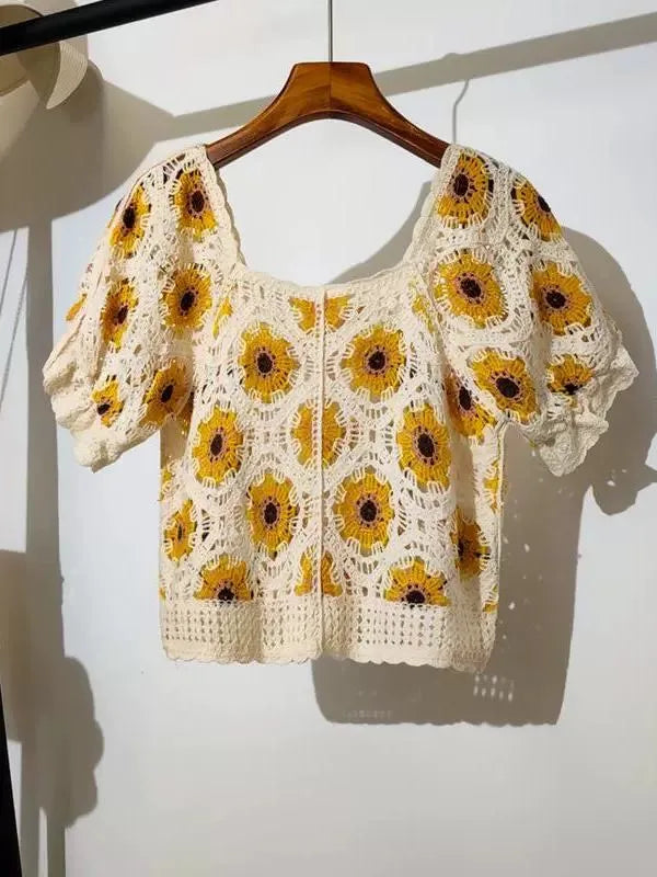 Embroidered Crop Blouse With Hollow Out Daisy Floral Design Women S Summer Vacation Top