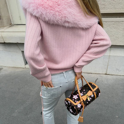 Coquette Pink Fur Trim Cardigan Aesthetic Cute Soft Girl Outfit Inspo