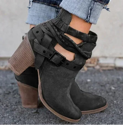 Metal Belt Buckle Thick Heel Women Winter Ankle Boots