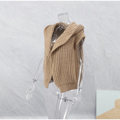 Women Elegant Solid Hooded Loose Knit Cardigan Sweater, Fashion Elegant Sleeveless Vest, Autumn Office Ladies Commute Streetwear