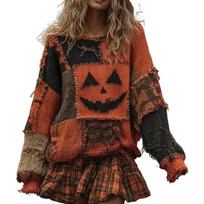 Halloween Knitted Sweater For Women Autumn Gothic Pumpkin Print Streetwear Harajuku Winter Warm Loose Casual Pullover