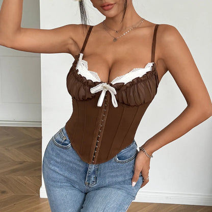 Coquette Aesthetic - Elegant Lace Trim Bustier Corset Top