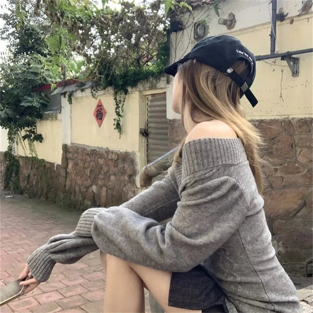 Off-The-Shoulder Grey Cable Knit Sweater Aesthetic
