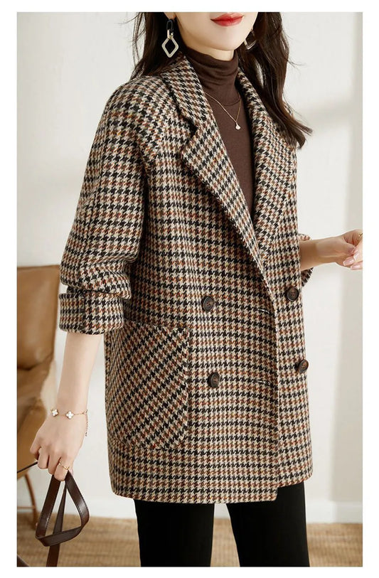Double Breasted Woolen Luxury Plaid Coats