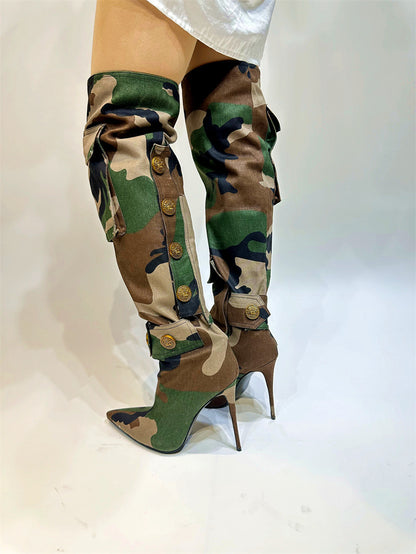 Women's Camouflage Thin High Heel Knee High Boots