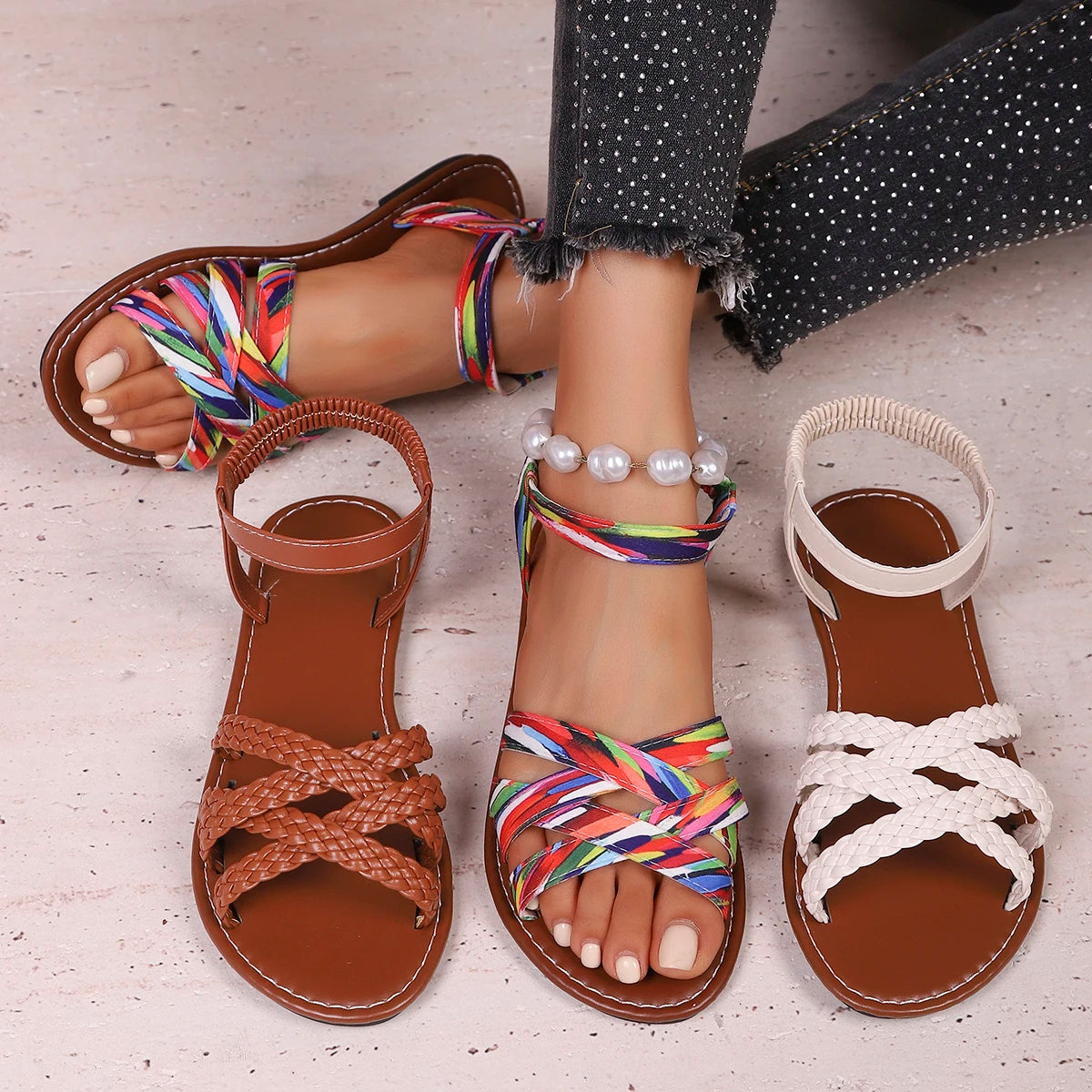 Hot Sale Lace Roman Sandals For Women Sexy White Slip On Flat Shoes Plus Size Sandalias Zapatillas De Mujer