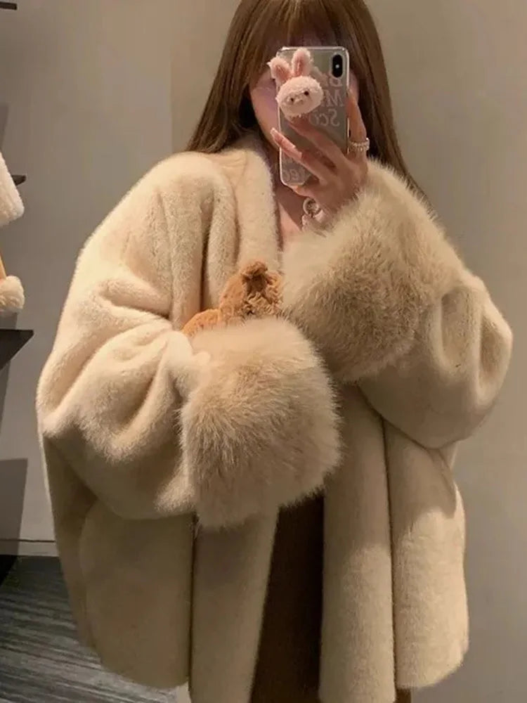 Autumn Winter Fashion Chic Beige Faux Fur Jackets