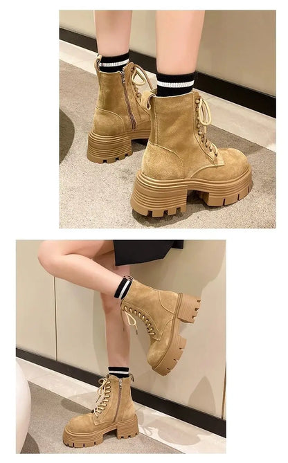 Retro Platform Leather Ankle Boots - Luxury Designer Motorcycle Boots for Women