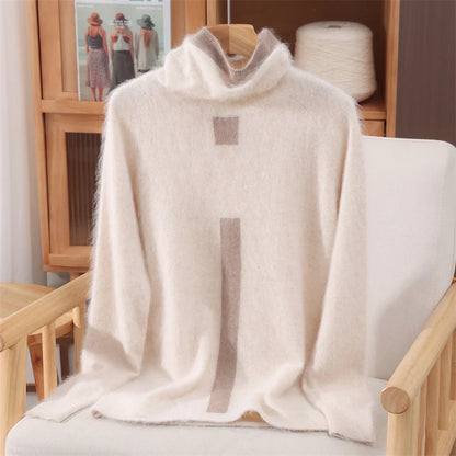 2025 Winter Korean Knit Sweater Half High Collar Loose Pullover Imitation Mink Velvet Embroidered Warm Top For Women