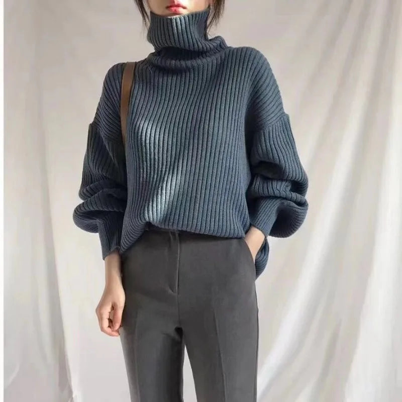 Autumn Winter Elegant Contrast Turtleneck Sweater Womens Loose Fit Long Sleeve Knitted Pullover Top