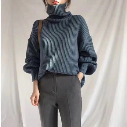 Autumn Winter Elegant Contrast Turtleneck Sweater Womens Loose Fit Long Sleeve Knitted Pullover Top