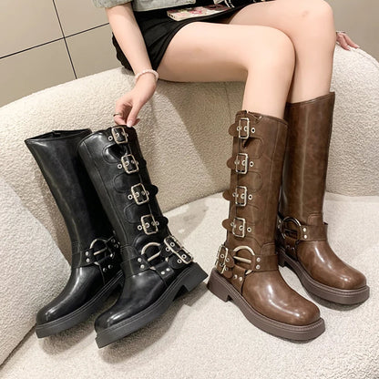 Women’s Knee-High Platform Motorcycle Boots – Low Square Heel Punk Gothic Rock Leather Shoes