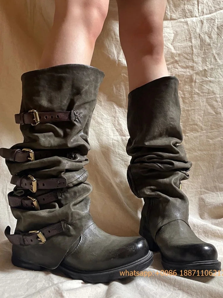Womens Large Mid Length Retro Boots Buckle Casual Knight Boots For Autumn Winter 2025