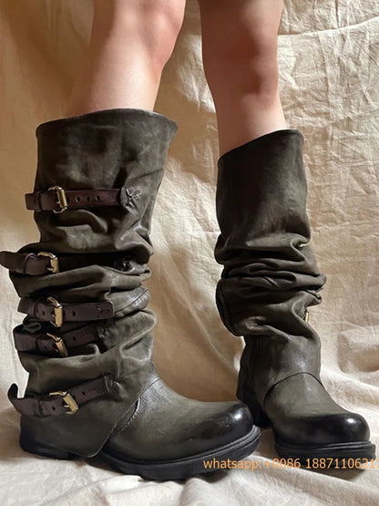 Womens Large Mid Length Retro Boots Buckle Casual Knight Boots For Autumn Winter 2025