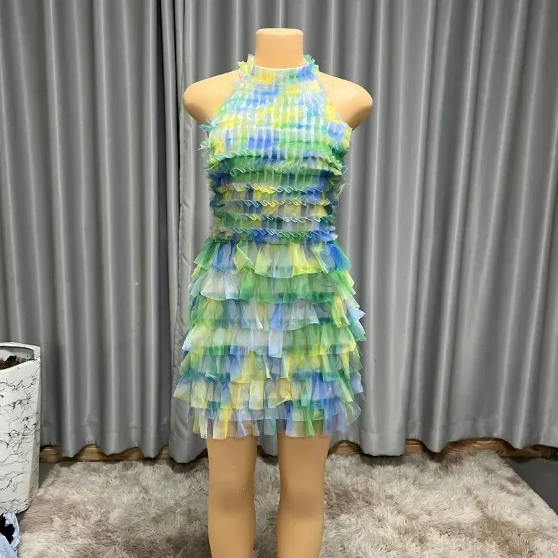 Sexy Mesh Mid Calf Dress For Women Girl Print Halter Cut Out Beach Cover Up