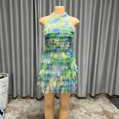 Sexy Mesh Mid Calf Dress For Women Girl Print Halter Cut Out Beach Cover Up