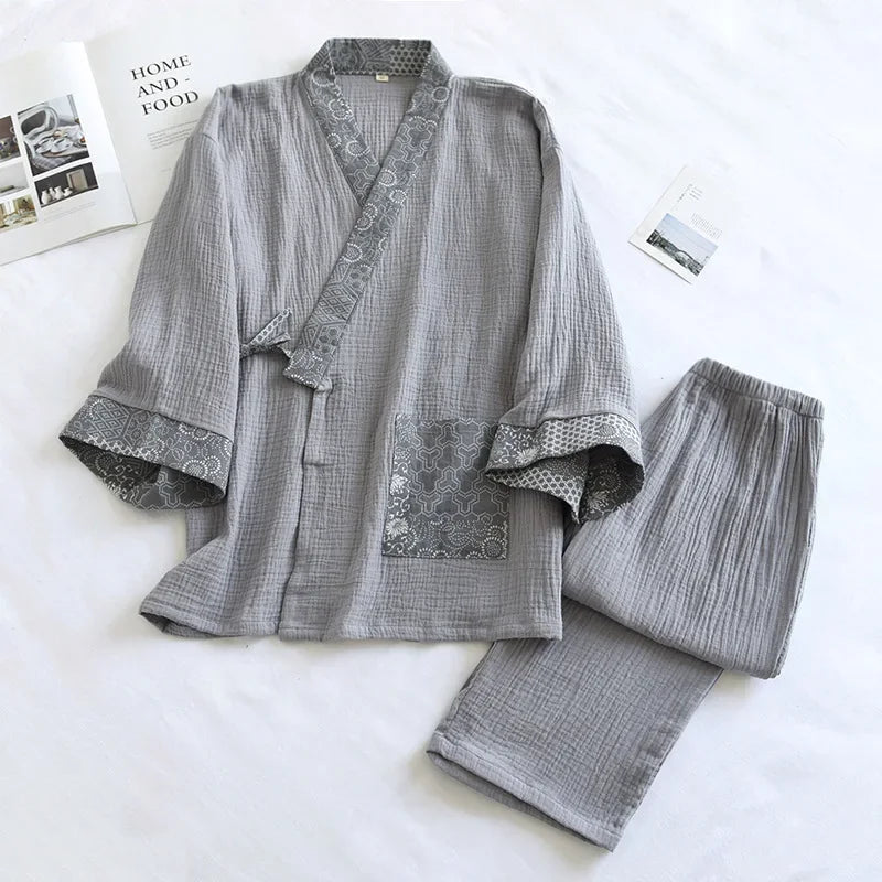 2025 Women S Kimono Pajama Set 100 Cotton Crepe Long Sleeve Top Trousers Soft Sleepwear Suit For Home