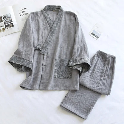 2025 Women S Kimono Pajama Set 100 Cotton Crepe Long Sleeve Top Trousers Soft Sleepwear Suit For Home