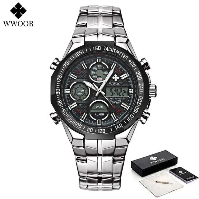Mens Dual Rich Display Stainless Steel Golden Class Watches