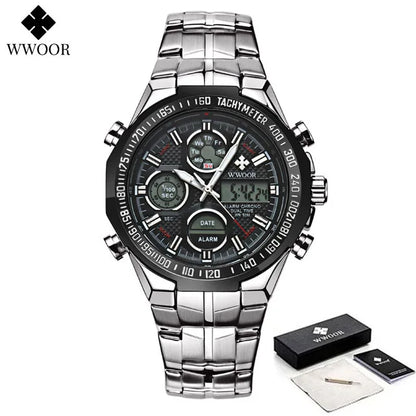 Mens Dual Rich Display Stainless Steel Golden Class Watches