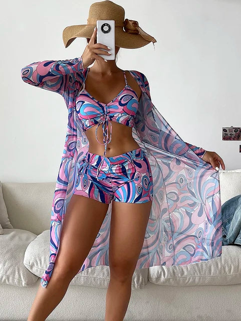 Elegant Art Print 3 Pieces Sexy Bikini Set Cover Up