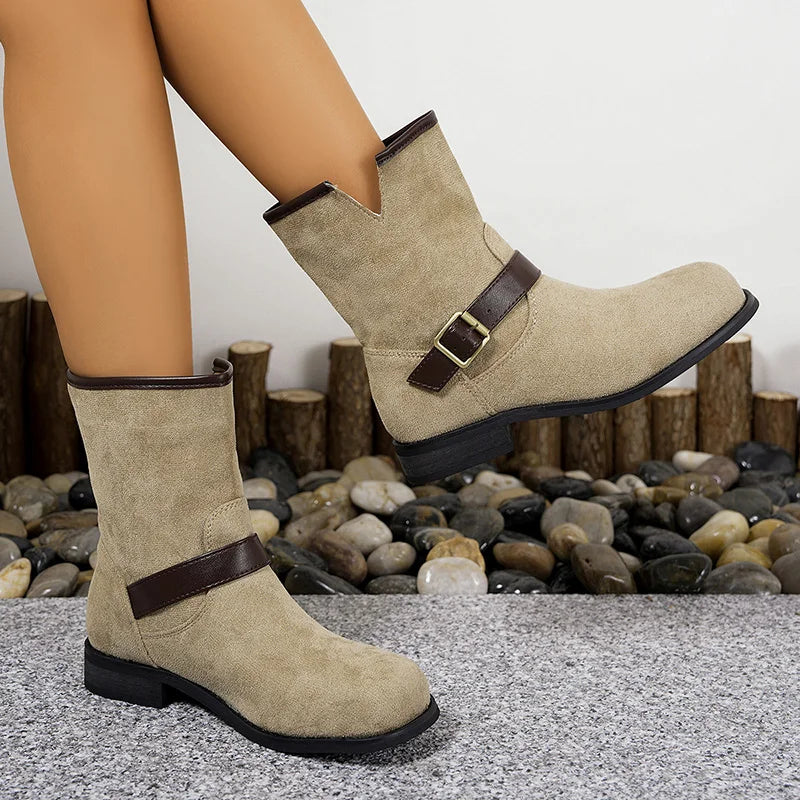 Designer British Style Square Low Heel Faux Suede Boots For Women