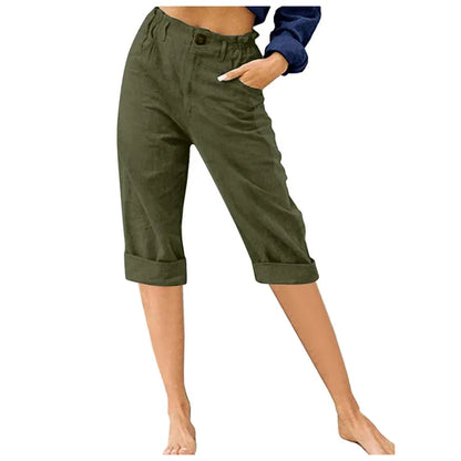 Button Fly Elastic Waist Capris