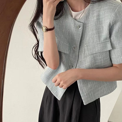 Korean Office Style Round Neck Tweed Jacket