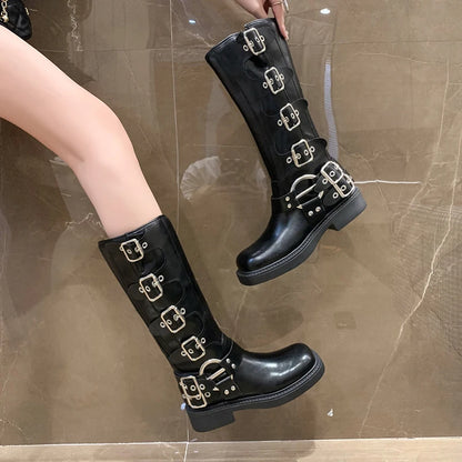 Women’s Knee-High Platform Motorcycle Boots – Low Square Heel Punk Gothic Rock Leather Shoes