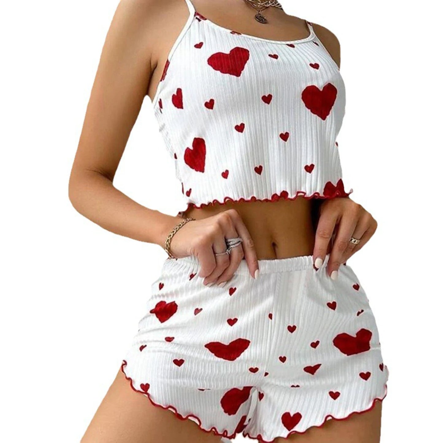 Womens Strawberry Print Pajama Set Long Sleeve Top Shorts