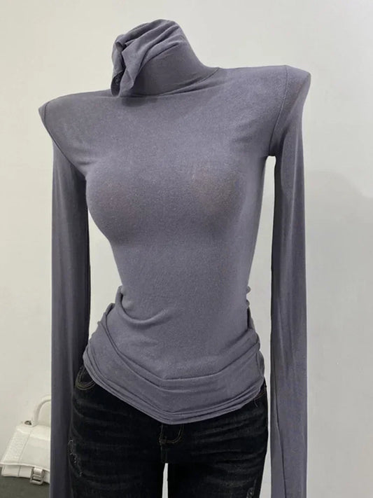 Thin Soft American Long Sleeve T Shirt For Women High Stacked Neck Tight Perspective Slim Fit Sexy Streetwear Top