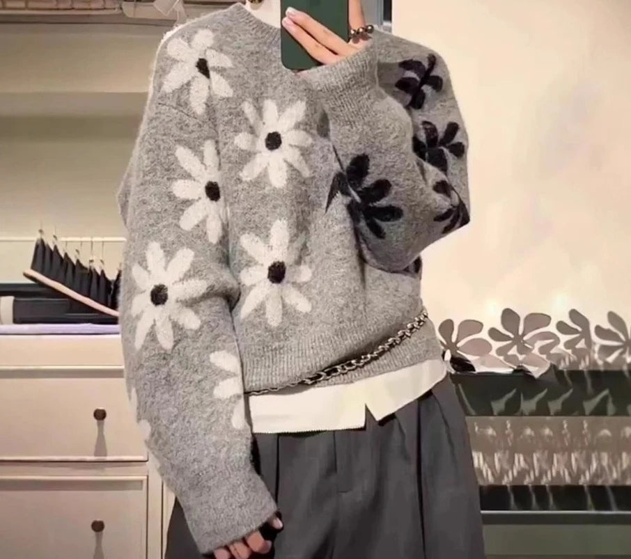 Flower Knitted Half Sleeve O Neck Sweaters