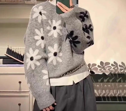 Flower Knitted Half Sleeve O Neck Sweaters