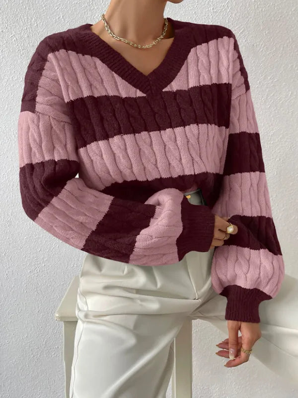 2025 Womens Stripe Knitted Sweater Long Sleeve V Neck Cropped Top Loose Fit Spring Versatile Warm Knit