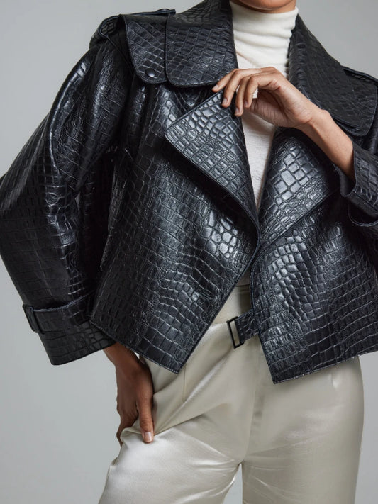 Crocodile Design Lapel Collar Elegant Leather Cropped Jackets