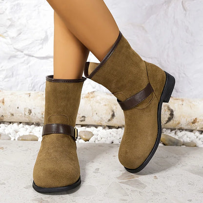Designer British Style Square Low Heel Faux Suede Boots For Women