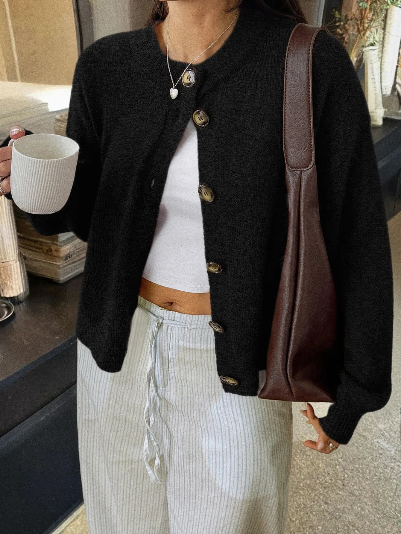 2025 Spring Autumn Womens Medium Length Cable Knit Cardigan Casual Loose Fit Solid Color Jacket