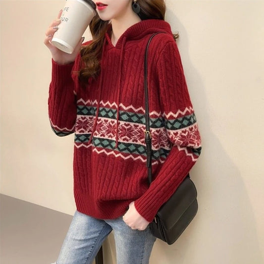 Women S Vintage Brown Knitting Sweater Hoodie Long Sleeve Casual Korean Fashion Baggy Autumn Tops For Ladies